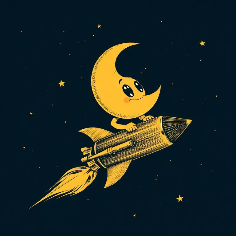 Crescent moon character riding a gold rocket