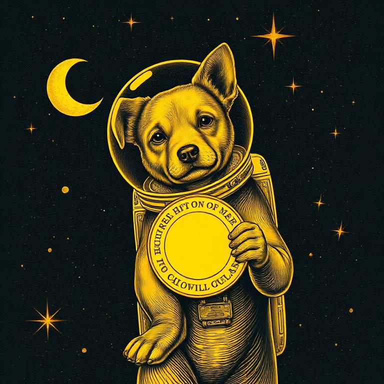 Astronaut dog holding a gold Luna mooncoin