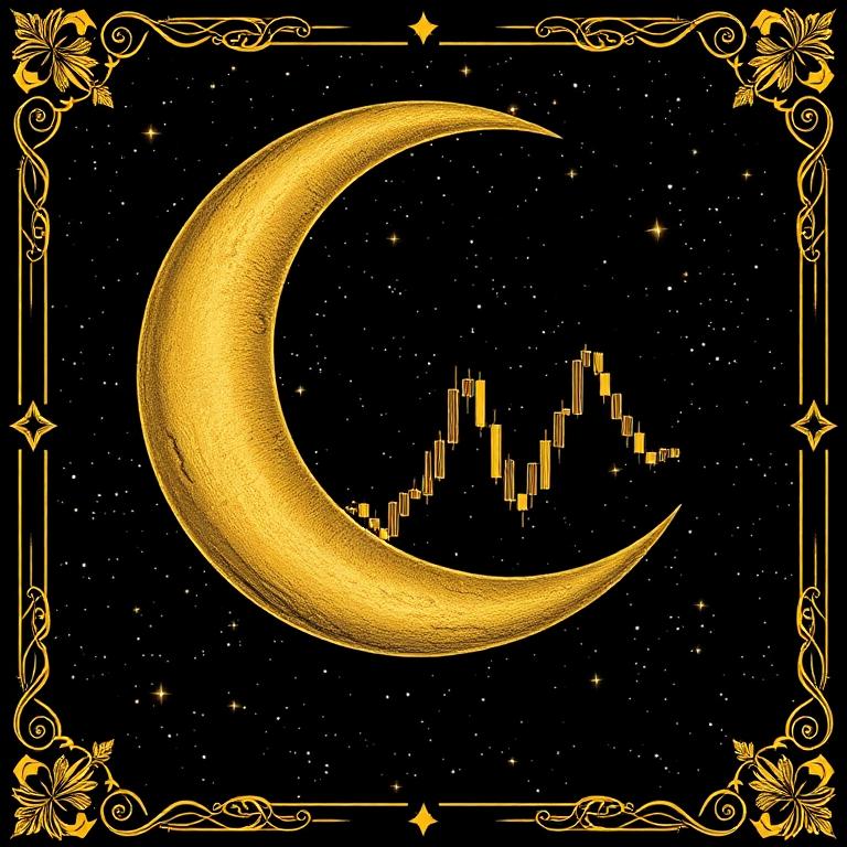 Gold crescent moon with a pumping candlestick chart
