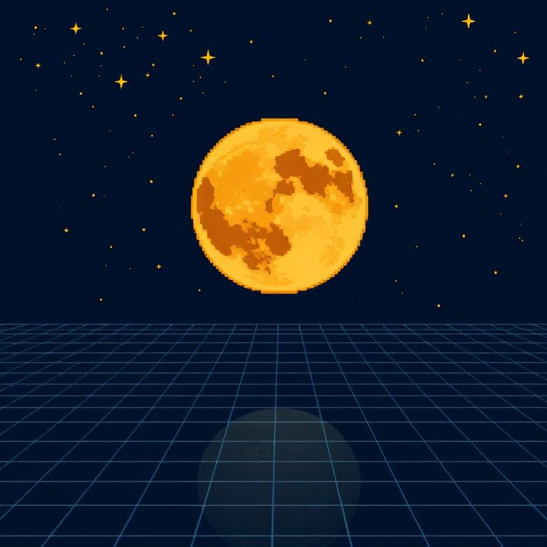 Pixel art retro 2013 moon coin over a neon grid